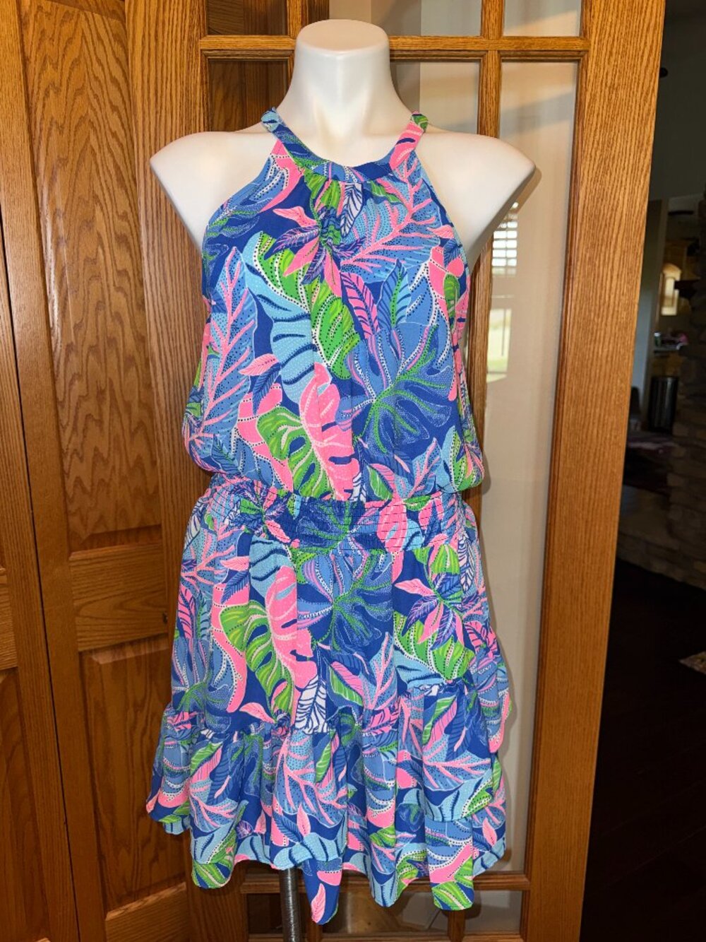 LILLY PULITZER SZ 8 EUC PAMELYN DRESS IS BLUE GROTTO BELEAF IN YOURSELF PRINT